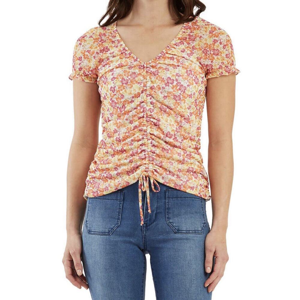 New BCX Womans Sz Large Blouse Mesh Floral‎ Cinch Cinch Short Sleeve NWT